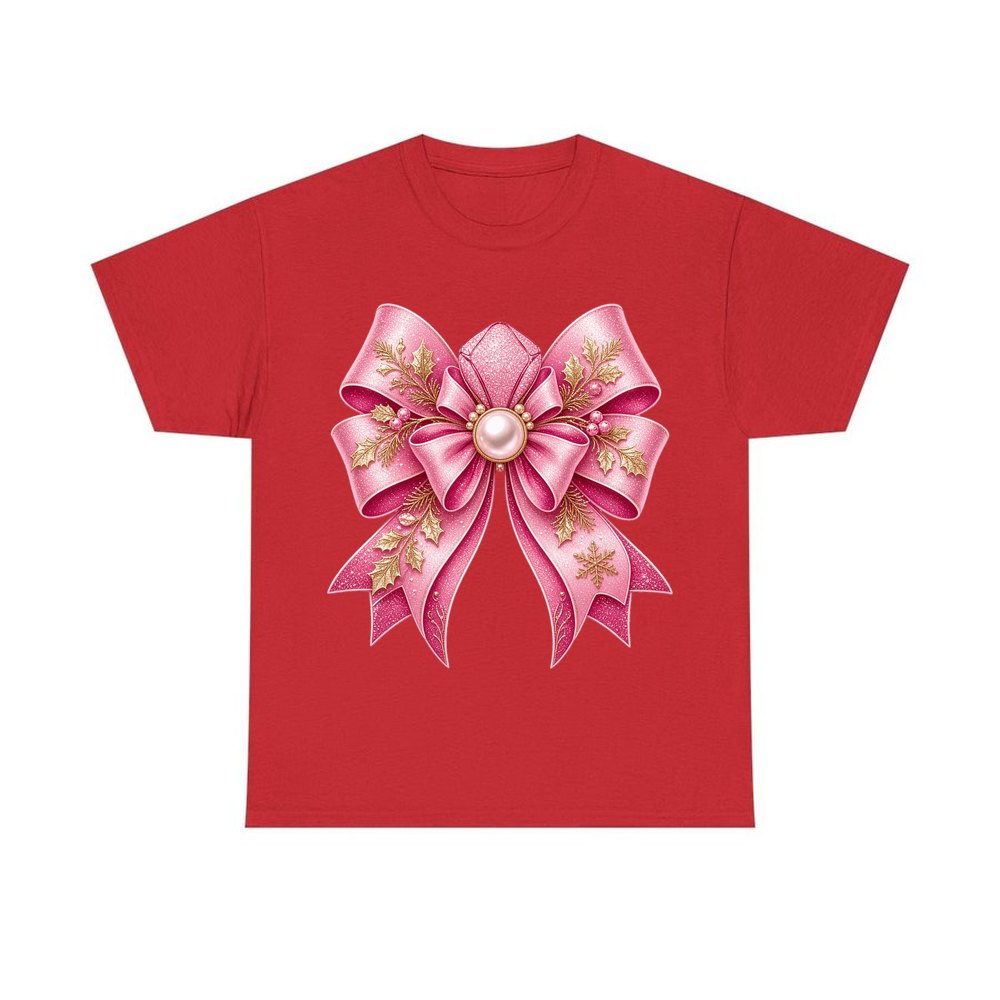 Pink Glitter Bow With Pearl personalised Christmas T-shirt in red