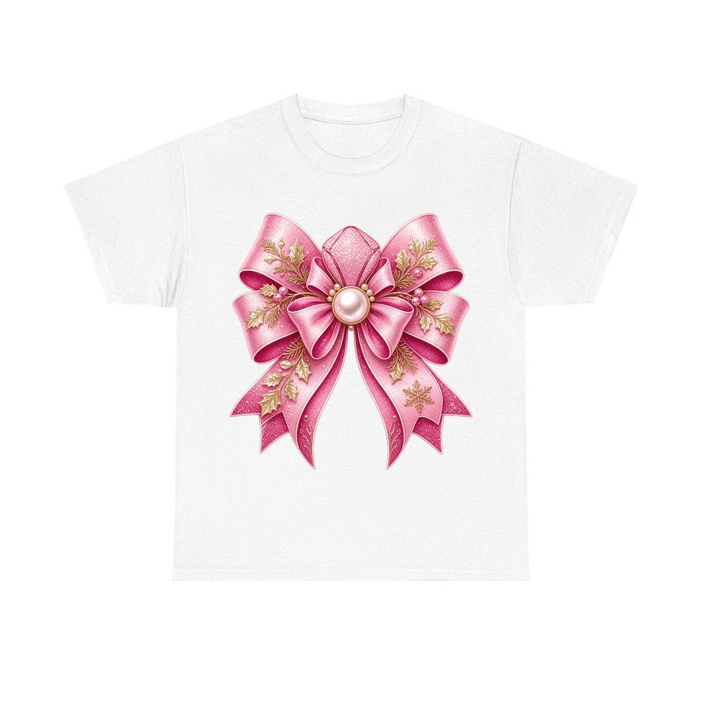 Pink Glitter Bow With Pearl personalised Christmas T-shirt in white