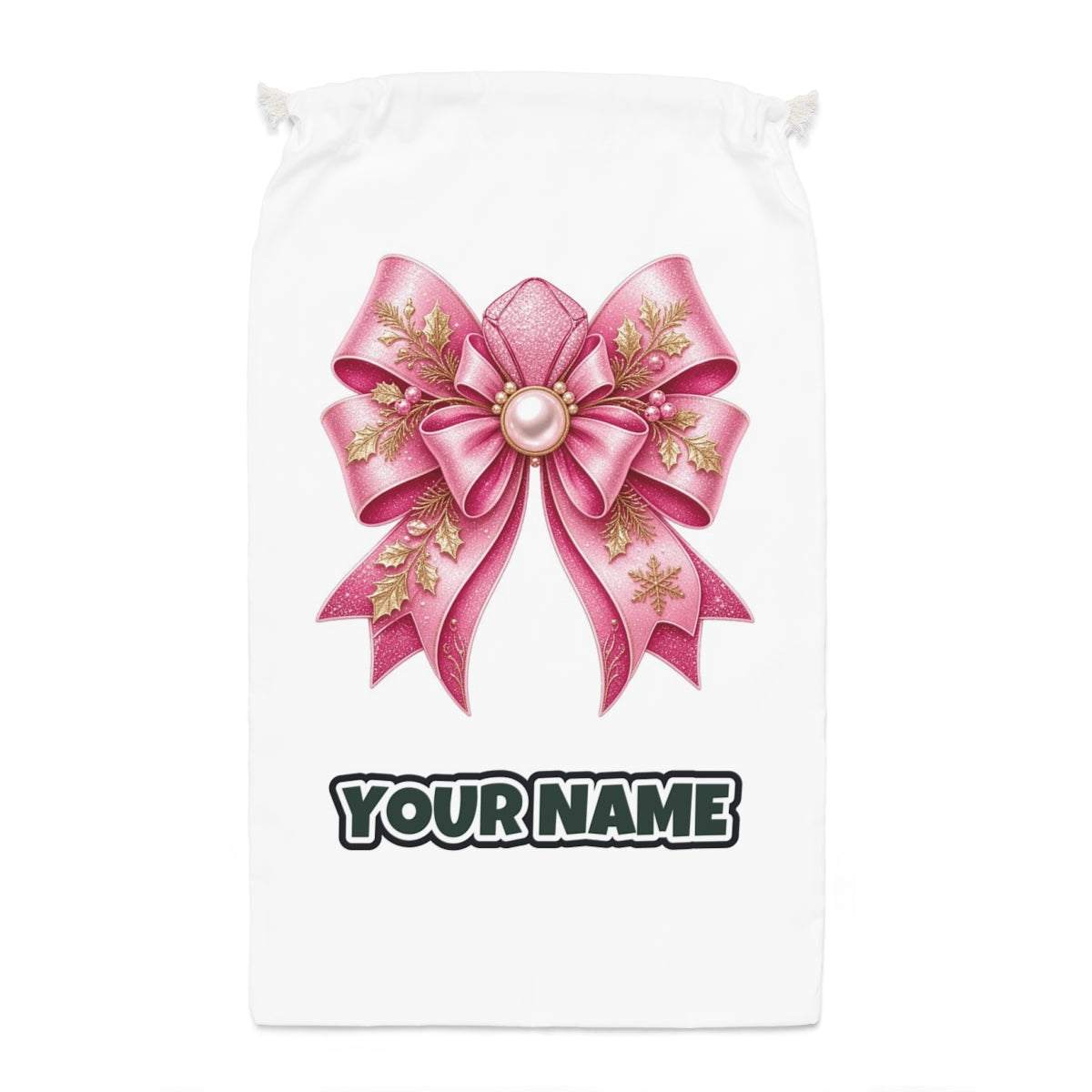 Pink Glitter Bow With Pearl Santa sack laid flat, showing the full print