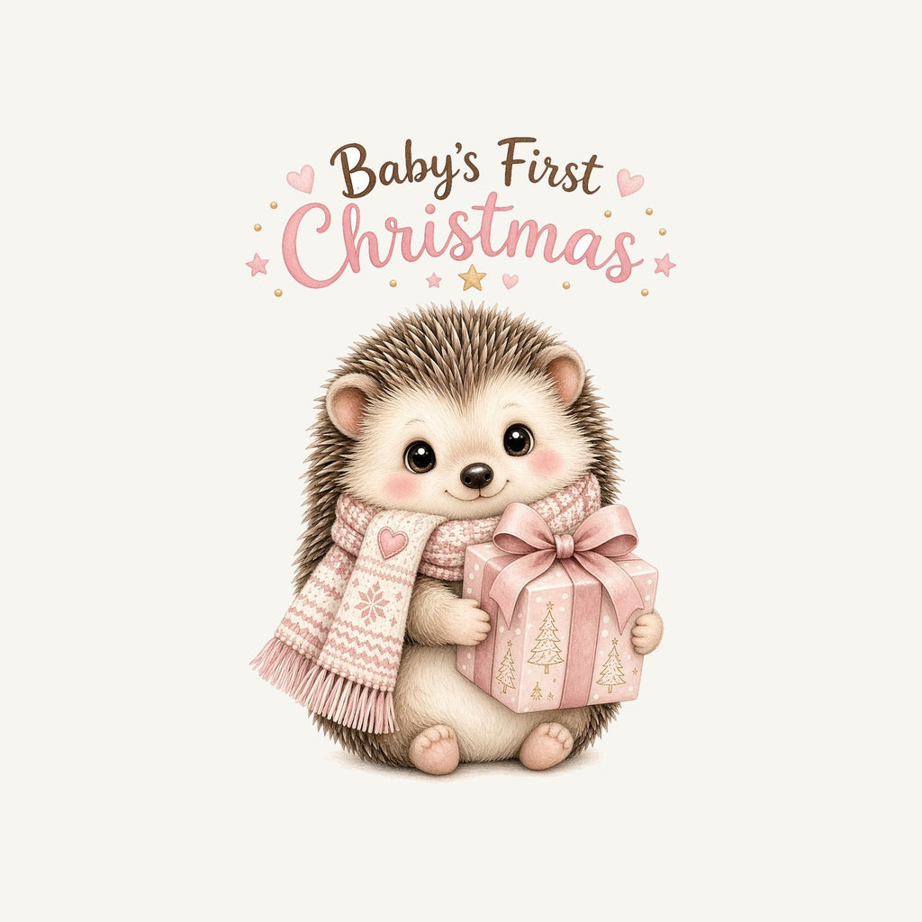 Pink Hedgehog First Christmas Personalised Kids and Baby Christmas Tee