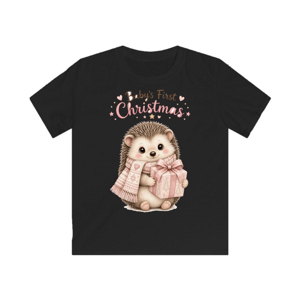 Pink Hedgehog First Christmas personalised kids Christmas tee in black