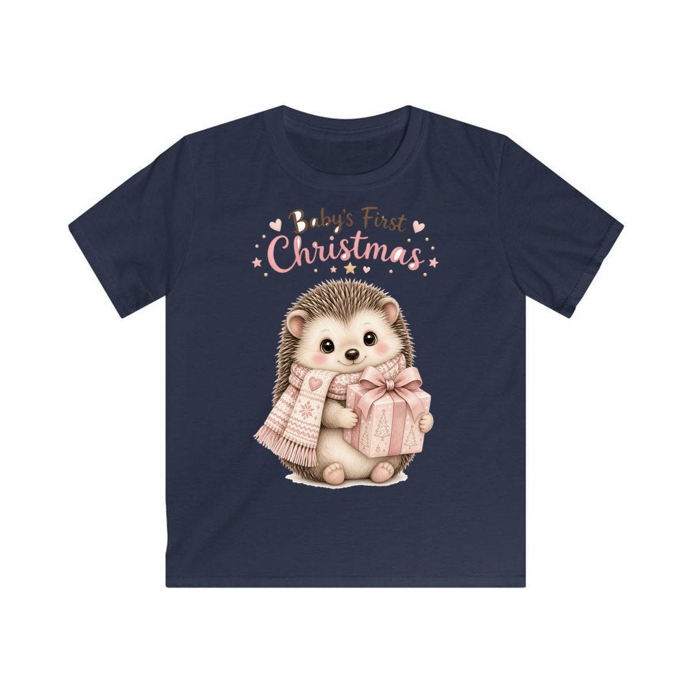 Pink Hedgehog First Christmas personalised kids Christmas tee in navy