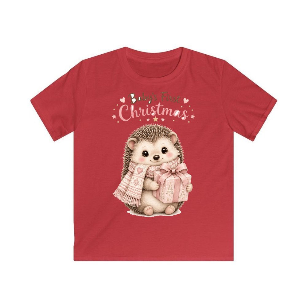 Pink Hedgehog First Christmas personalised kids Christmas tee in red