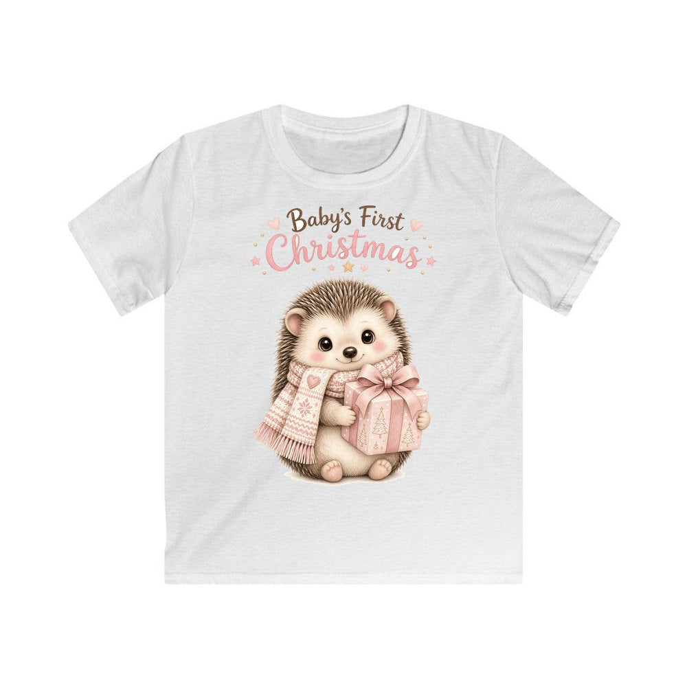 Pink Hedgehog First Christmas personalised kids Christmas tee in white