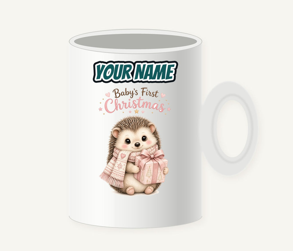 Pink Hedgehog First Christmas Personalised Christmas Mug