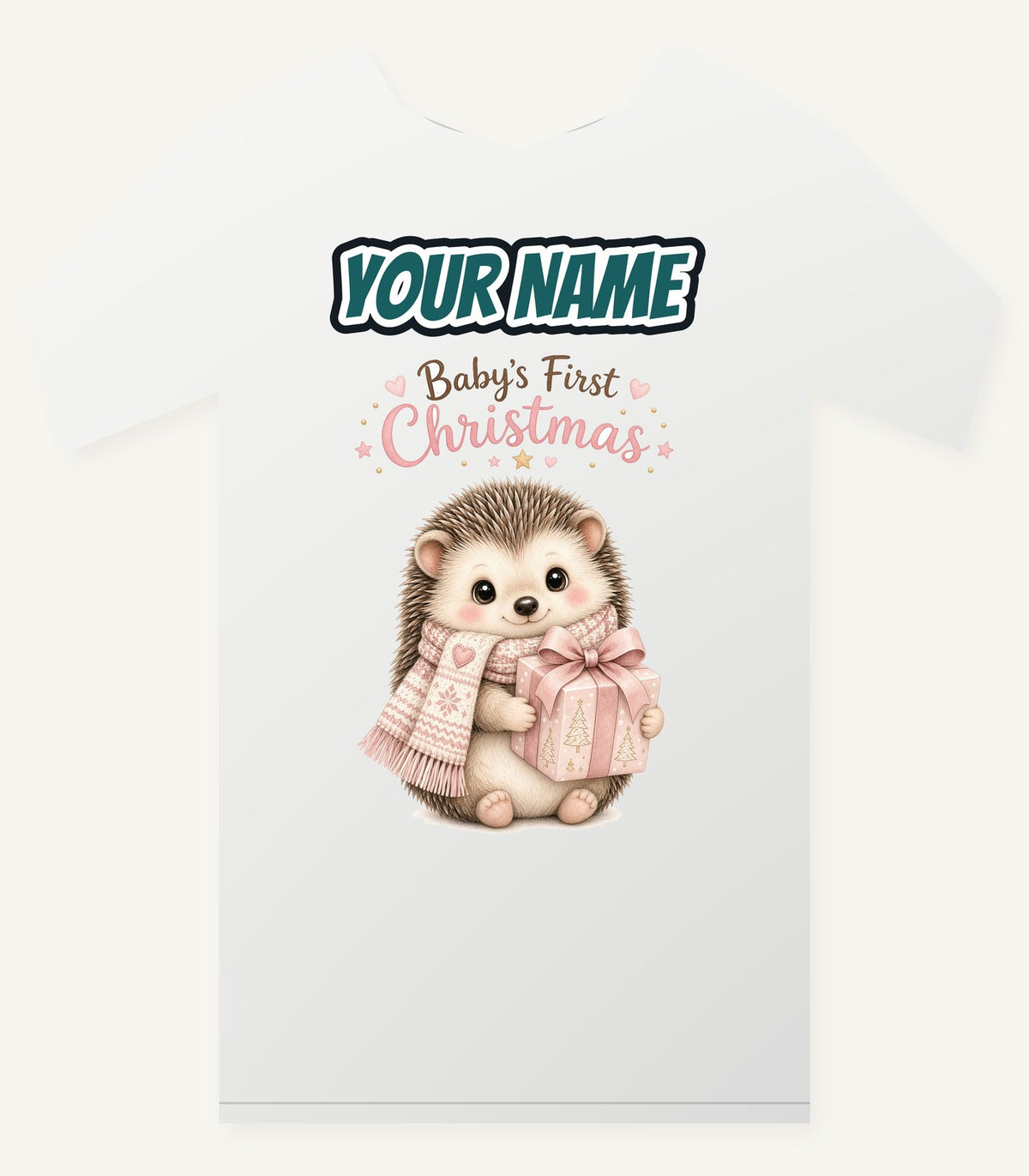 Pink Hedgehog First Christmas Personalised Christmas T-Shirt and Hoodie
