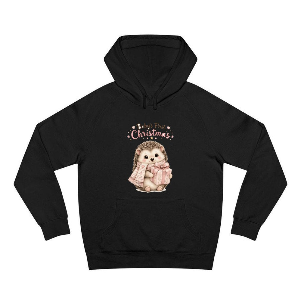 Pink Hedgehog First Christmas personalised Christmas hoodie in black