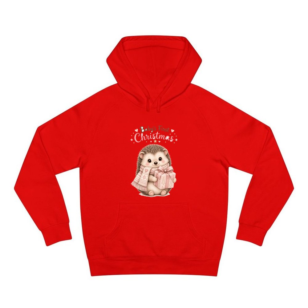 Pink Hedgehog First Christmas personalised Christmas hoodie in red