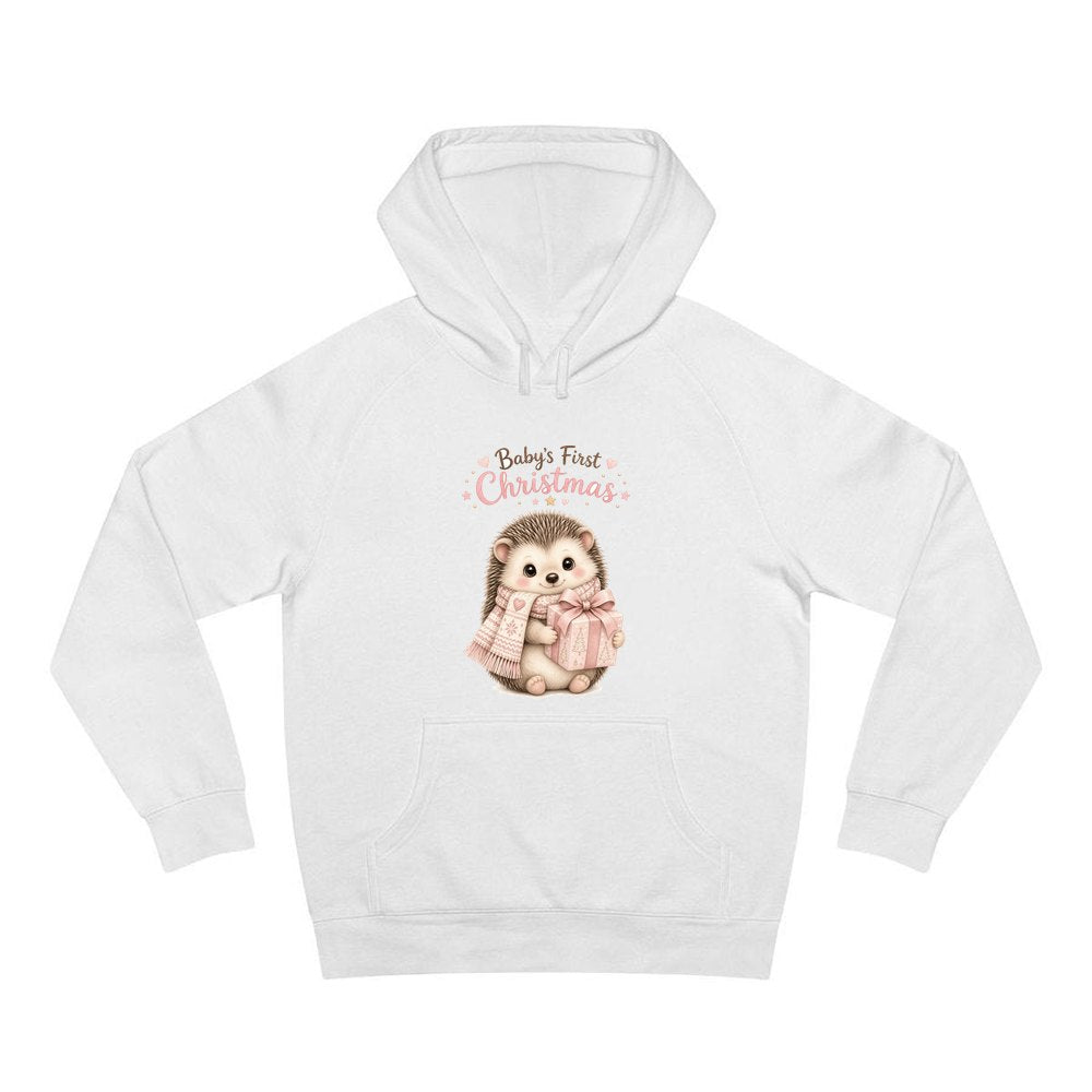 Pink Hedgehog First Christmas personalised Christmas hoodie in white