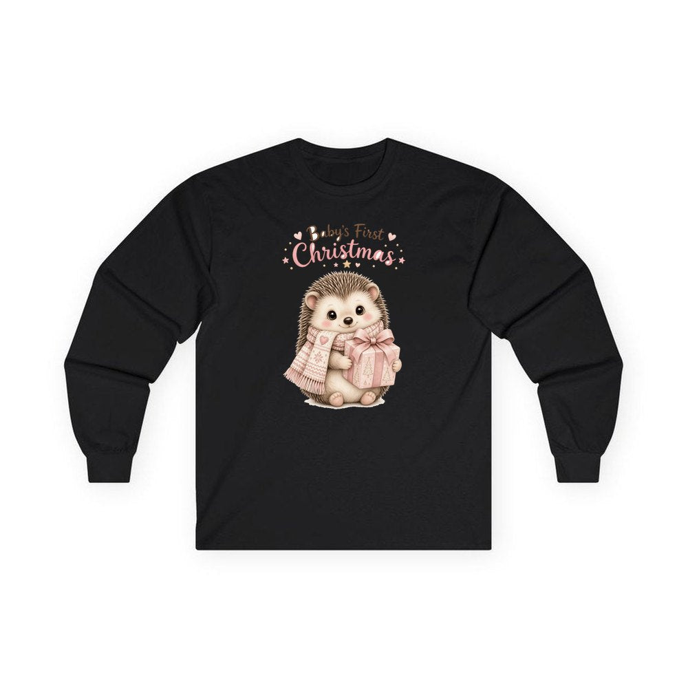 Pink Hedgehog First Christmas personalised long sleeve Christmas T-shirt in black