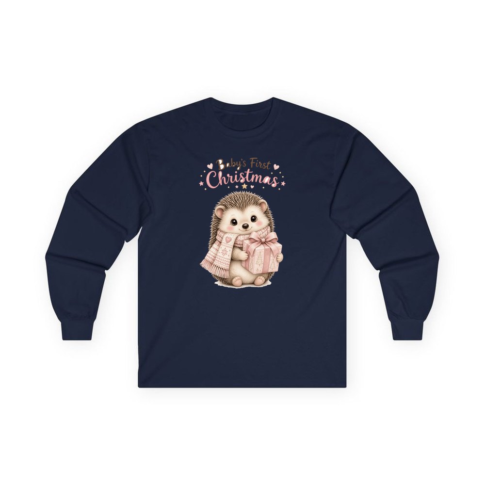 Pink Hedgehog First Christmas personalised long sleeve Christmas T-shirt in navy
