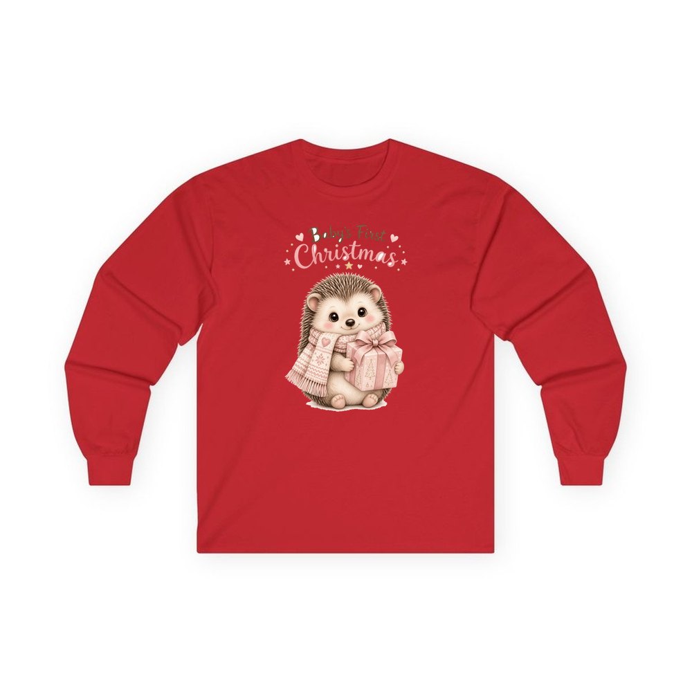 Pink Hedgehog First Christmas personalised long sleeve Christmas T-shirt in red