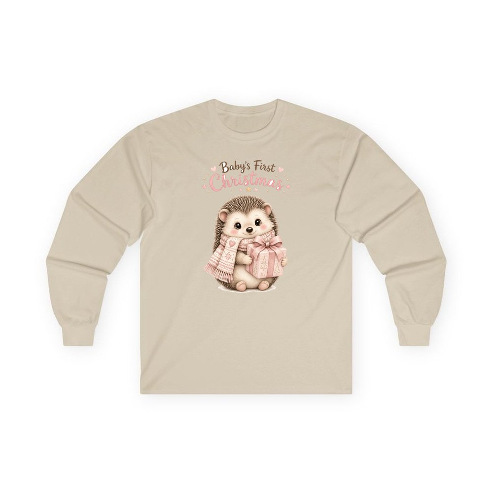 Pink Hedgehog First Christmas personalised long sleeve Christmas T-shirt in sand