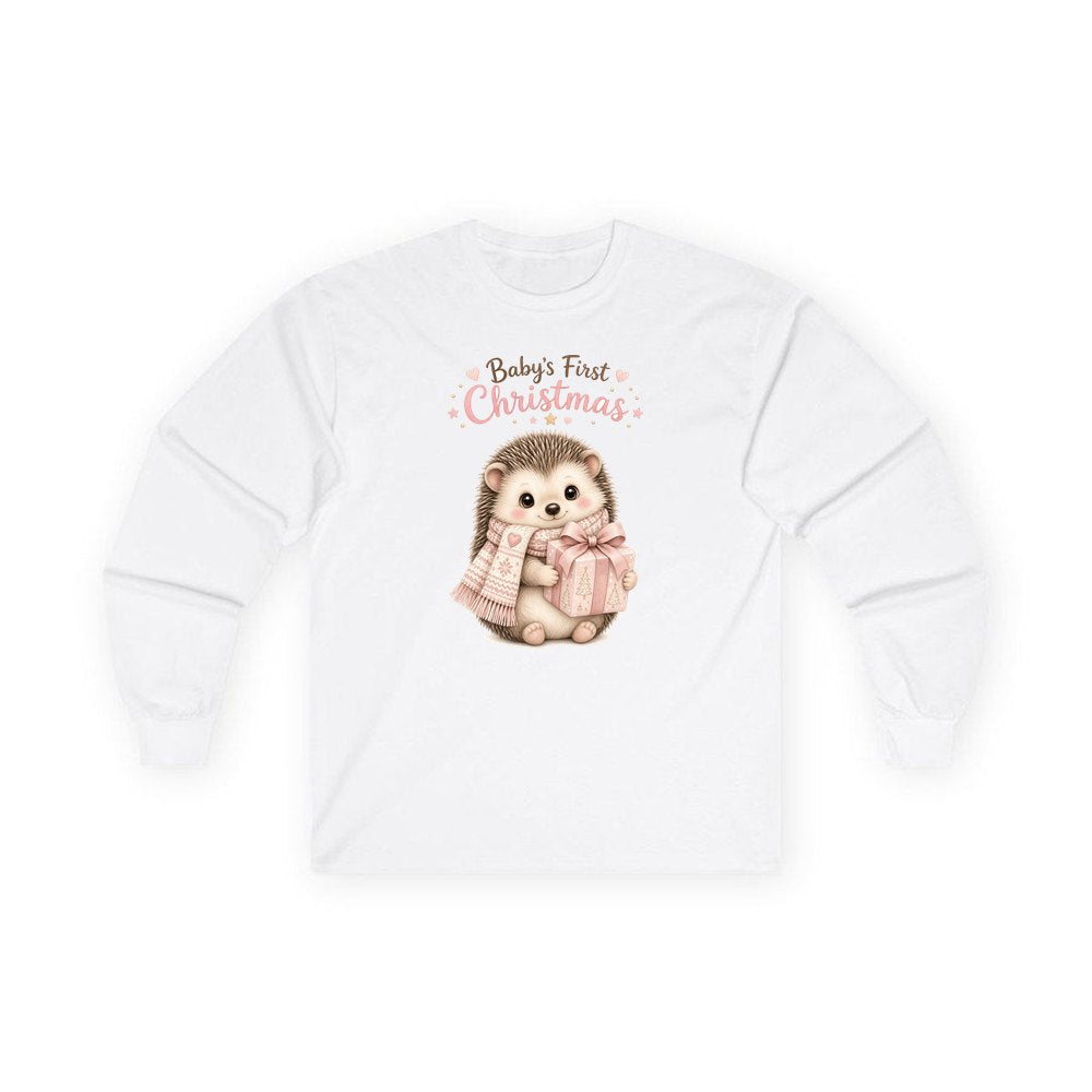 Pink Hedgehog First Christmas personalised long sleeve Christmas T-shirt in white