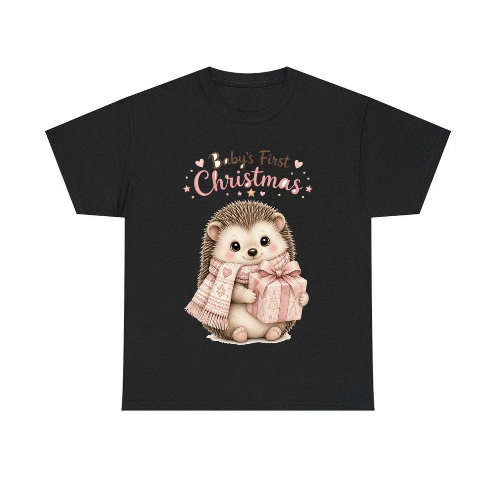 Pink Hedgehog First Christmas personalised Christmas T-shirt in black