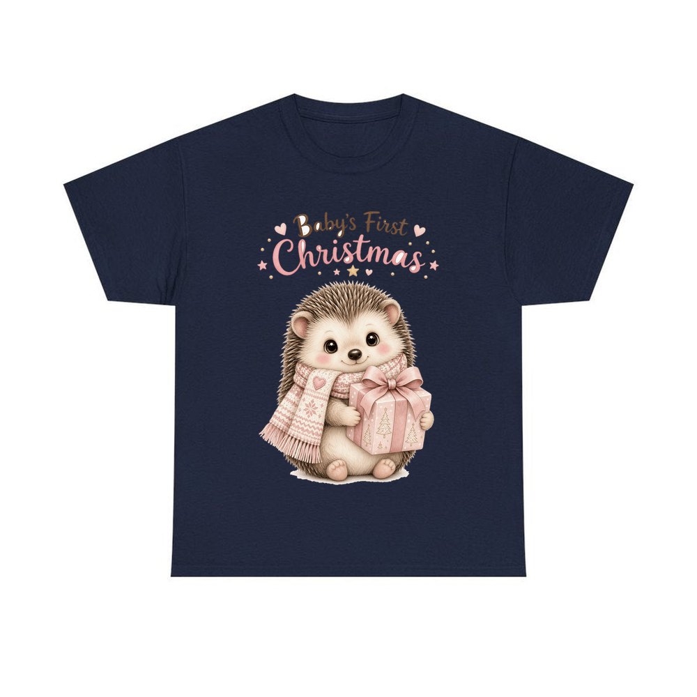 Pink Hedgehog First Christmas personalised Christmas T-shirt in navy