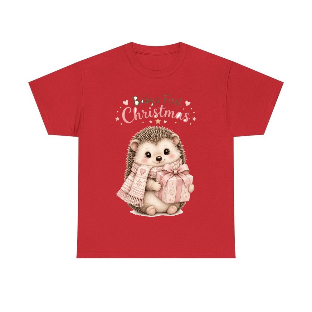 Pink Hedgehog First Christmas personalised Christmas T-shirt in red
