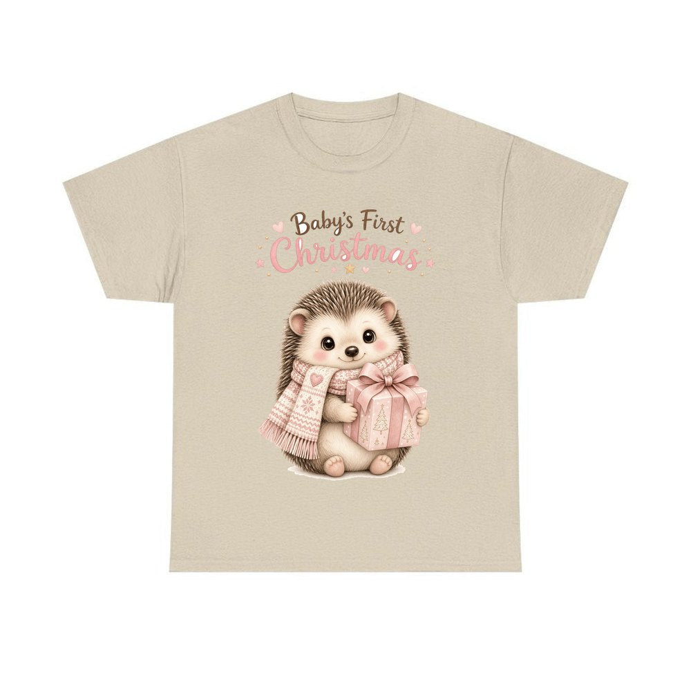 Pink Hedgehog First Christmas personalised Christmas T-shirt in sand