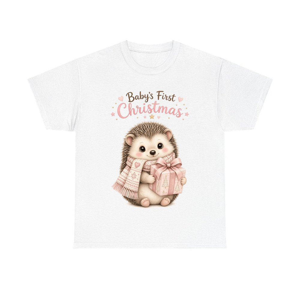 Pink Hedgehog First Christmas personalised Christmas T-shirt in white