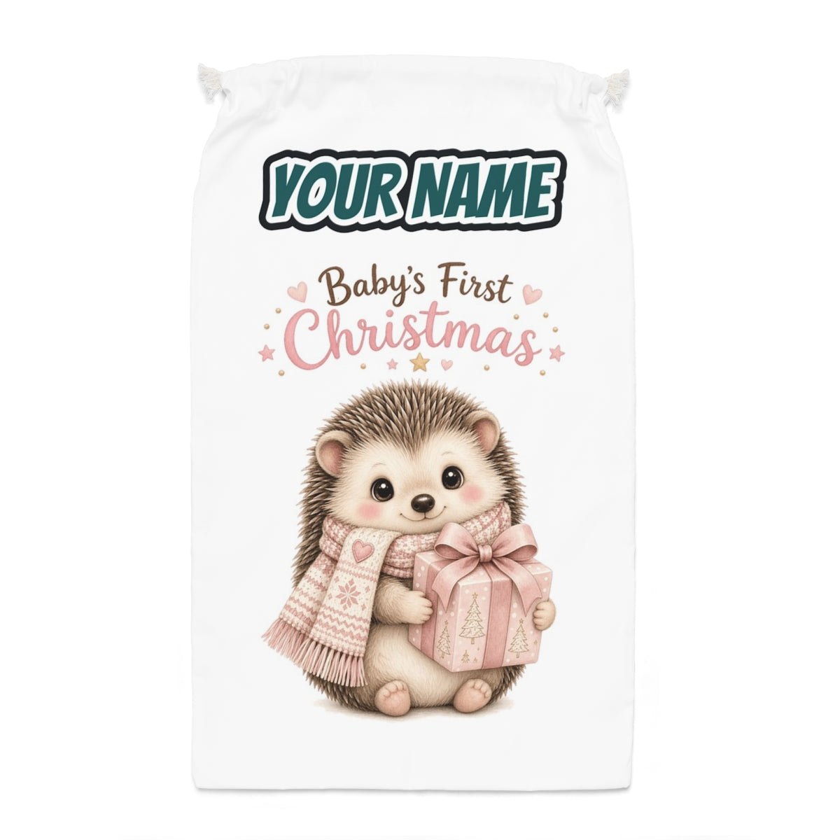 Pink Hedgehog First Christmas Santa sack laid flat, showing the full print