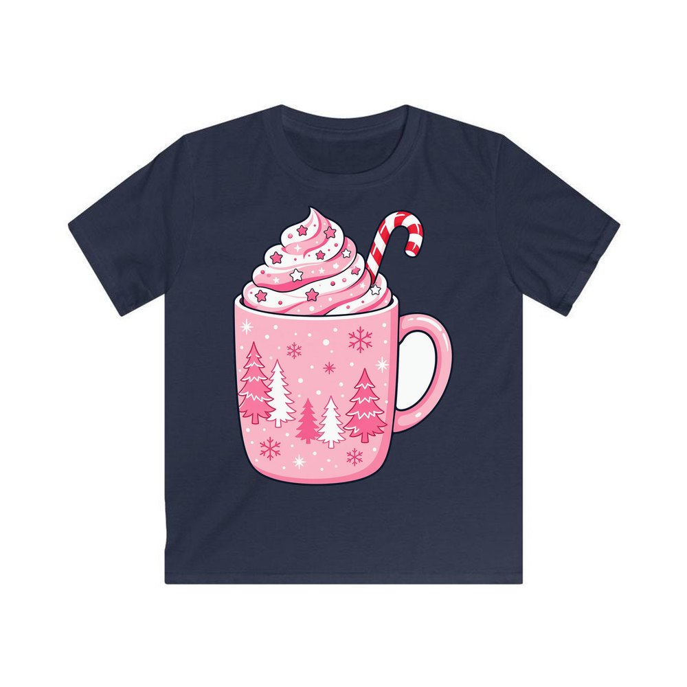 Pink Hot Chocolate Mug personalised kids Christmas tee in navy