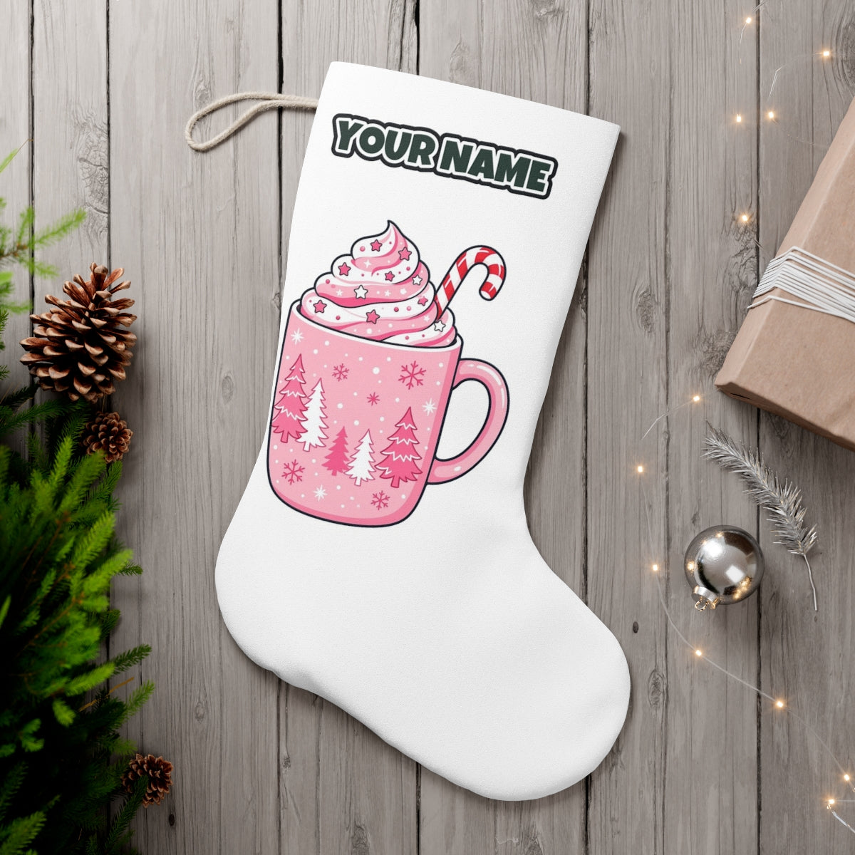 Pink Hot Chocolate Mug personalised Christmas stocking, white, with the name across the top