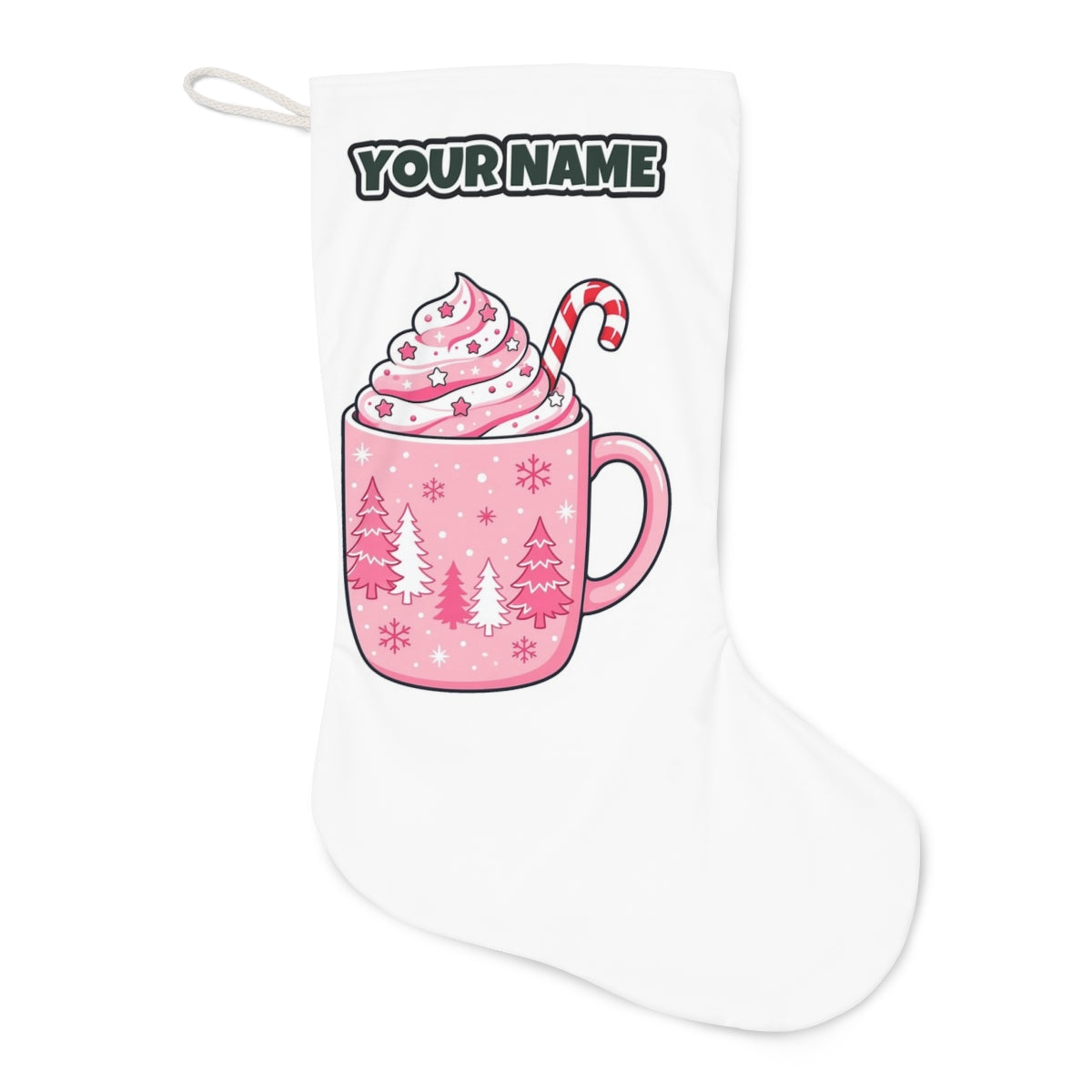 Pink Hot Chocolate Mug Christmas stocking laid flat, showing the full print