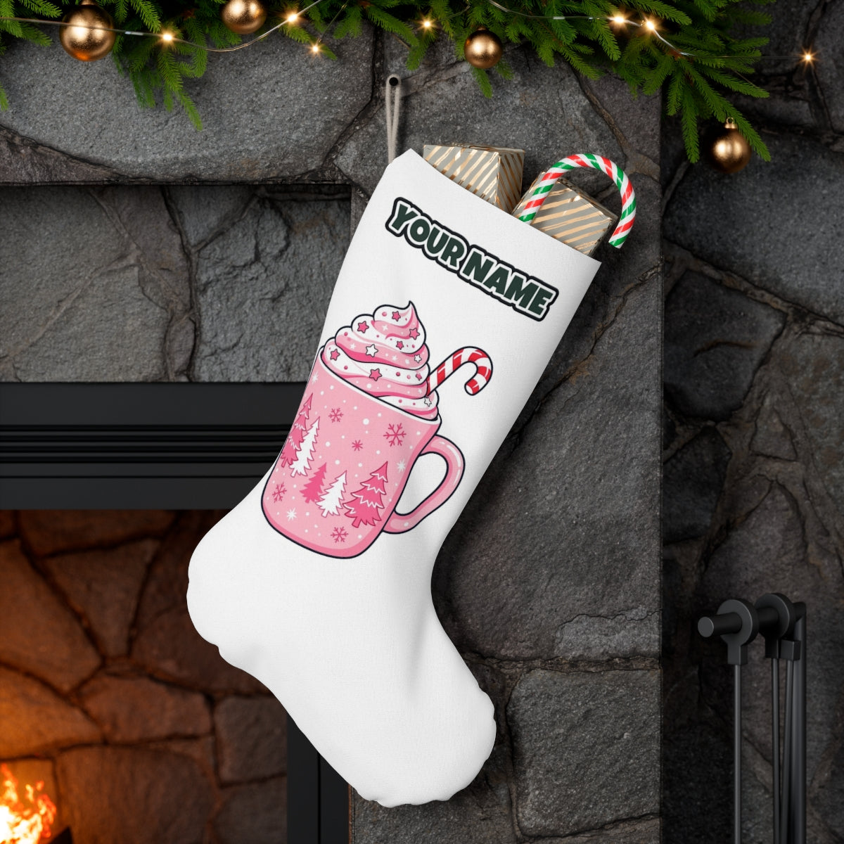 Pink Hot Chocolate Mug personalised Christmas stocking hanging on a mantel