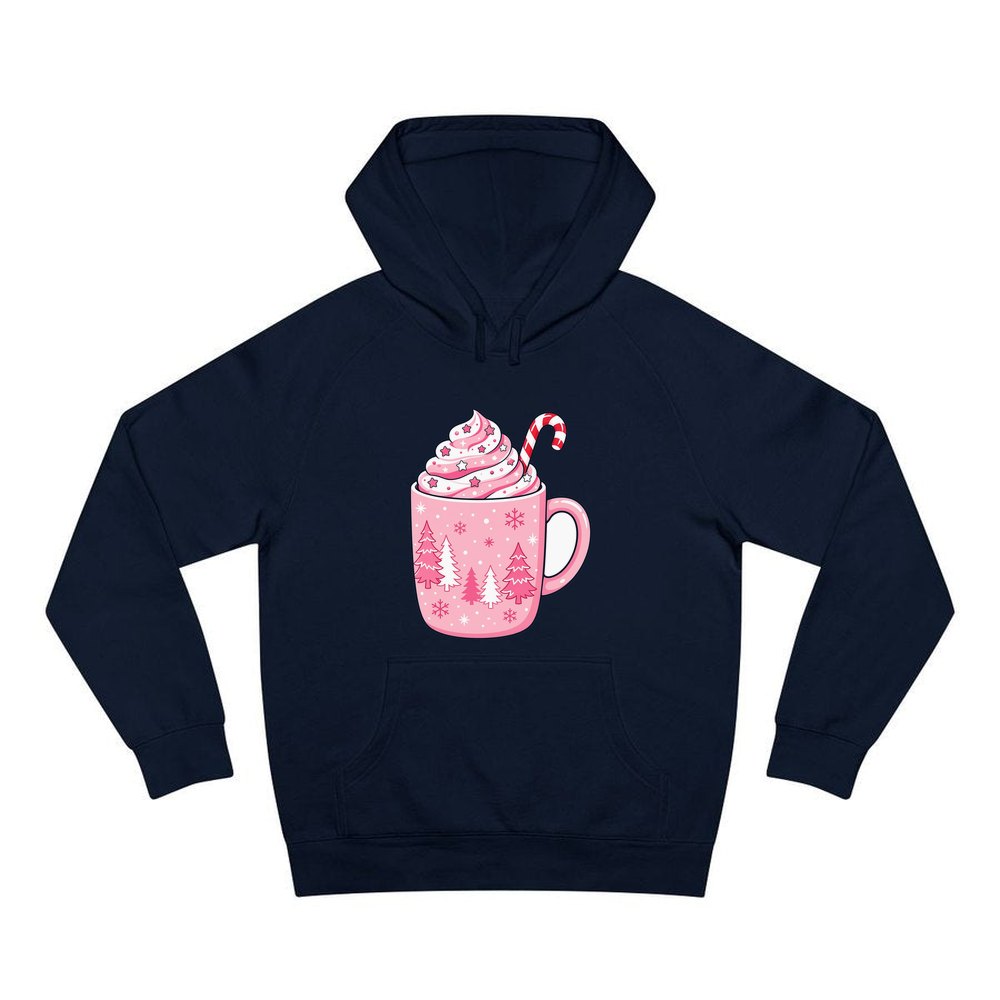 Pink Hot Chocolate Mug personalised Christmas hoodie in navy