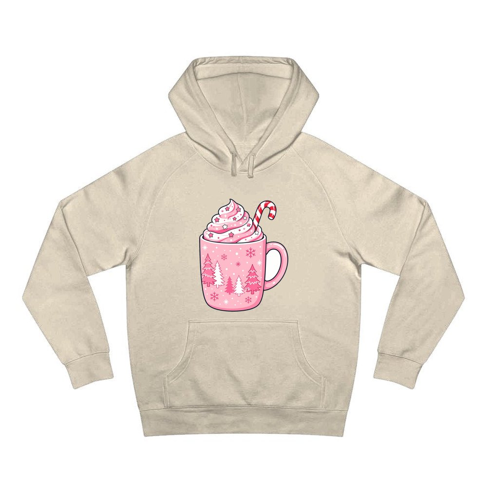 Pink Hot Chocolate Mug personalised Christmas hoodie in sand