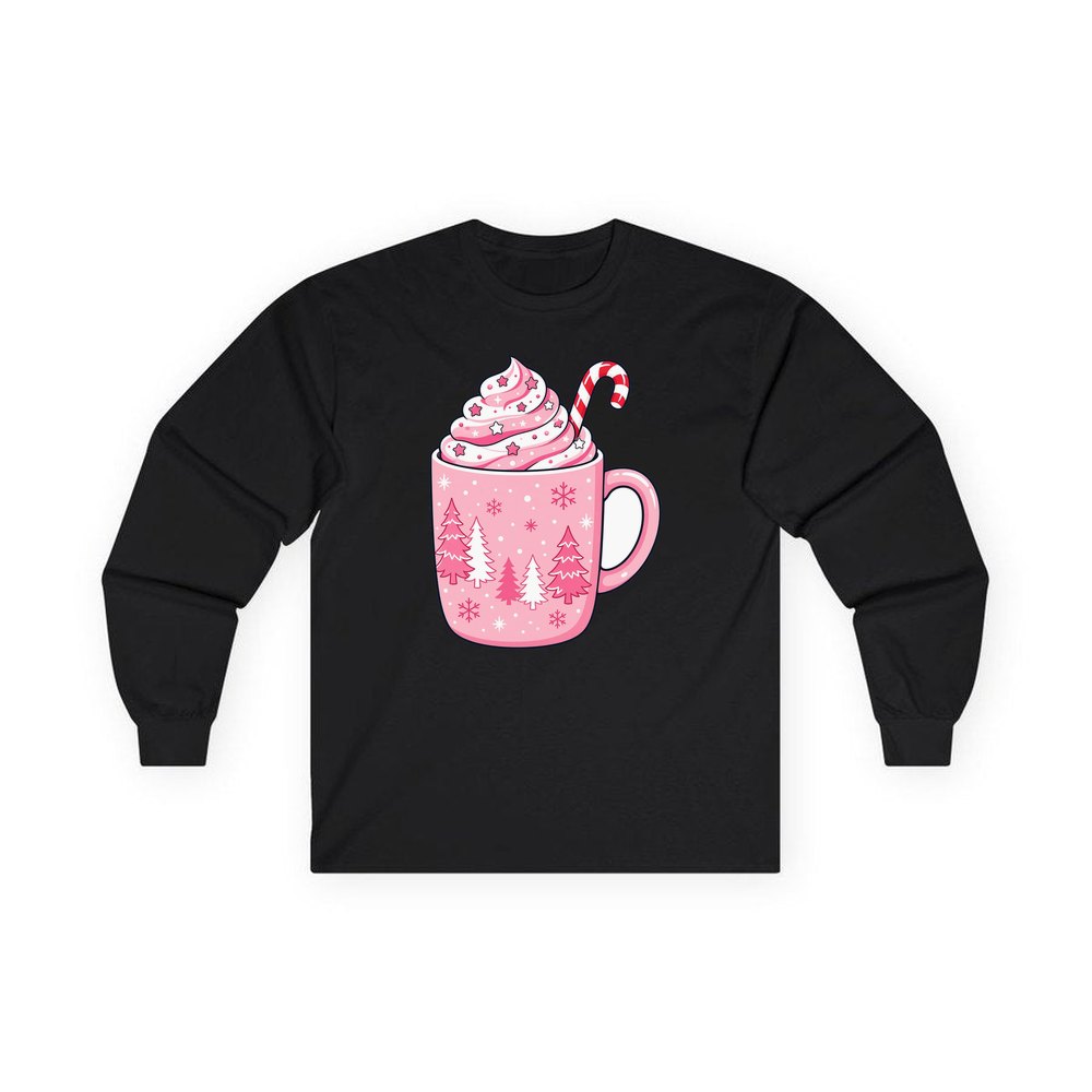 Pink Hot Chocolate Mug personalised long sleeve Christmas T-shirt in black