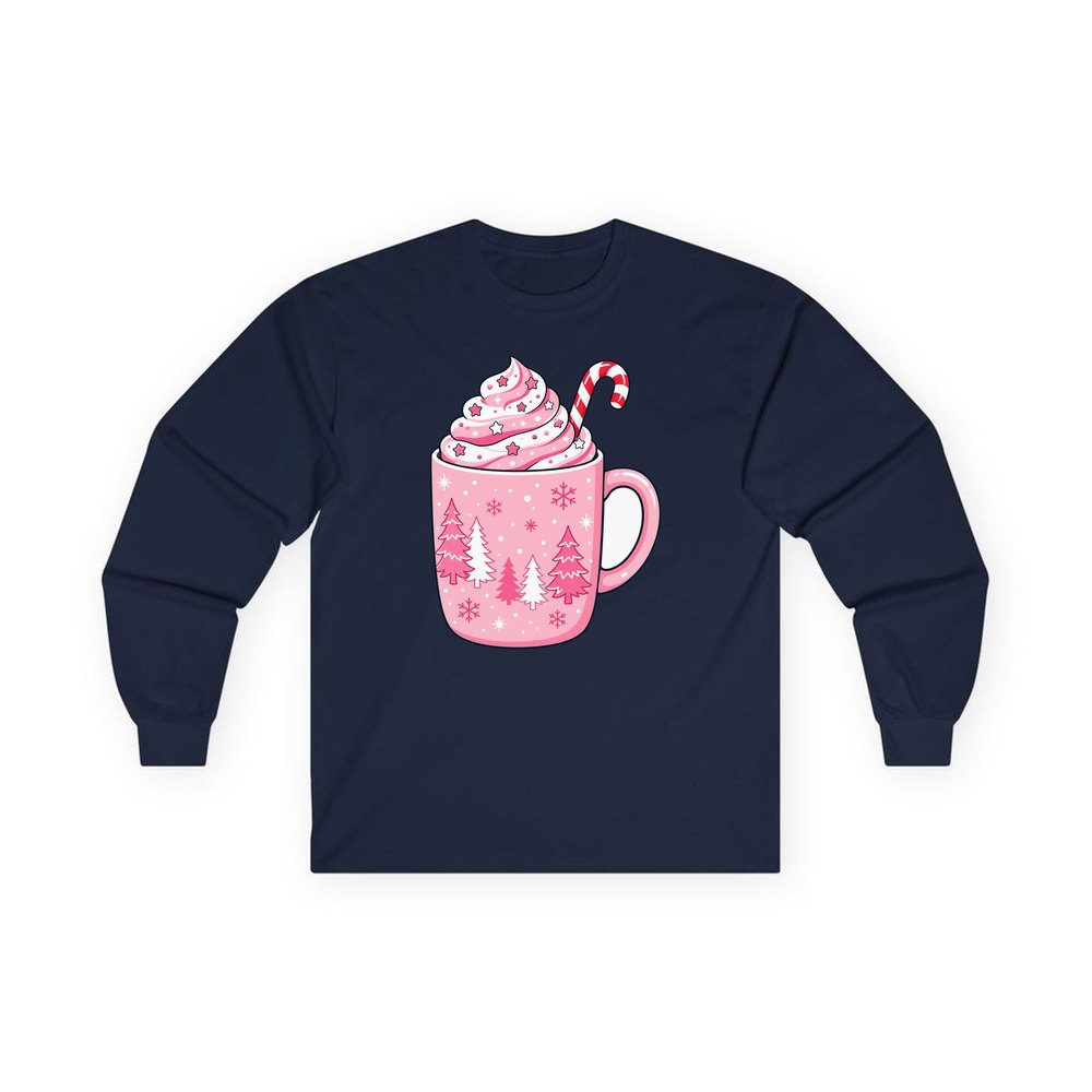 Pink Hot Chocolate Mug personalised long sleeve Christmas T-shirt in navy