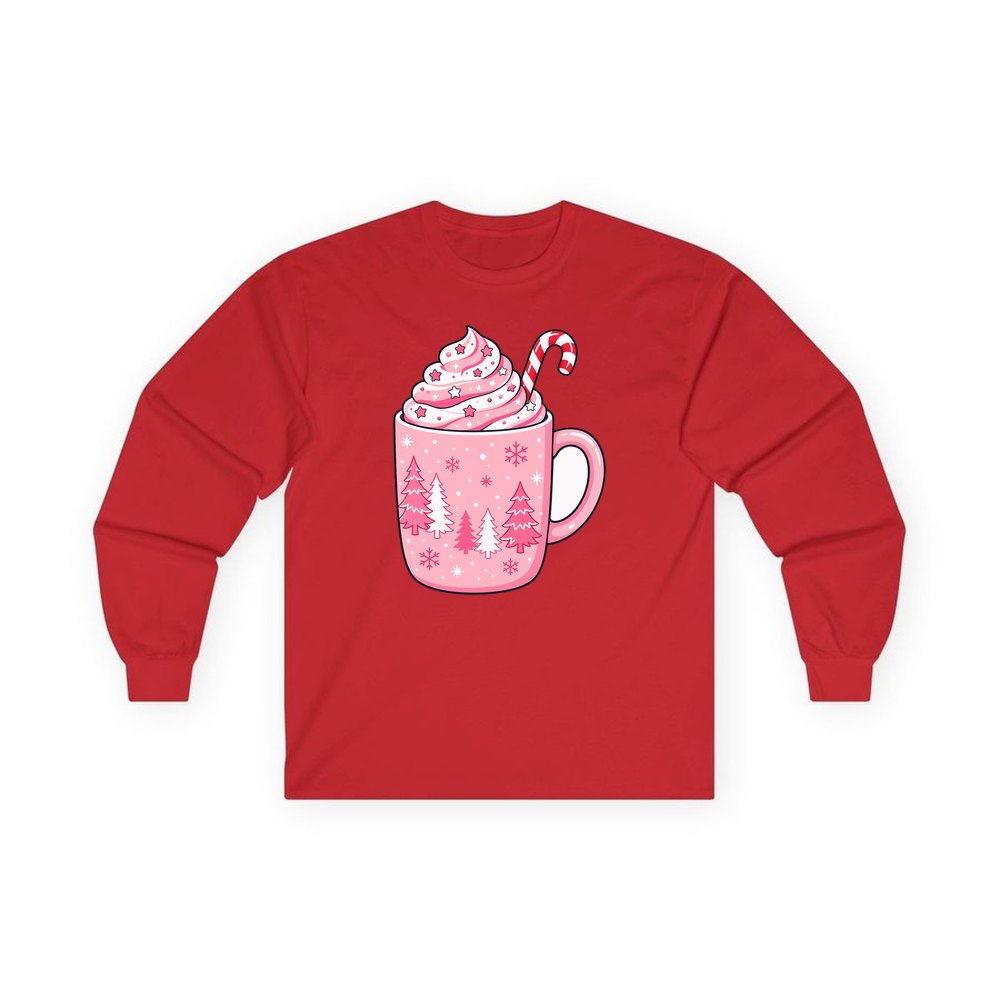Pink Hot Chocolate Mug personalised long sleeve Christmas T-shirt in red