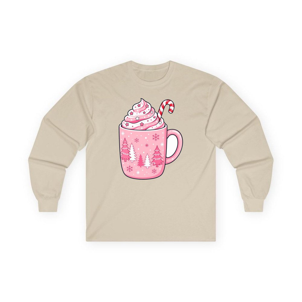 Pink Hot Chocolate Mug personalised long sleeve Christmas T-shirt in sand