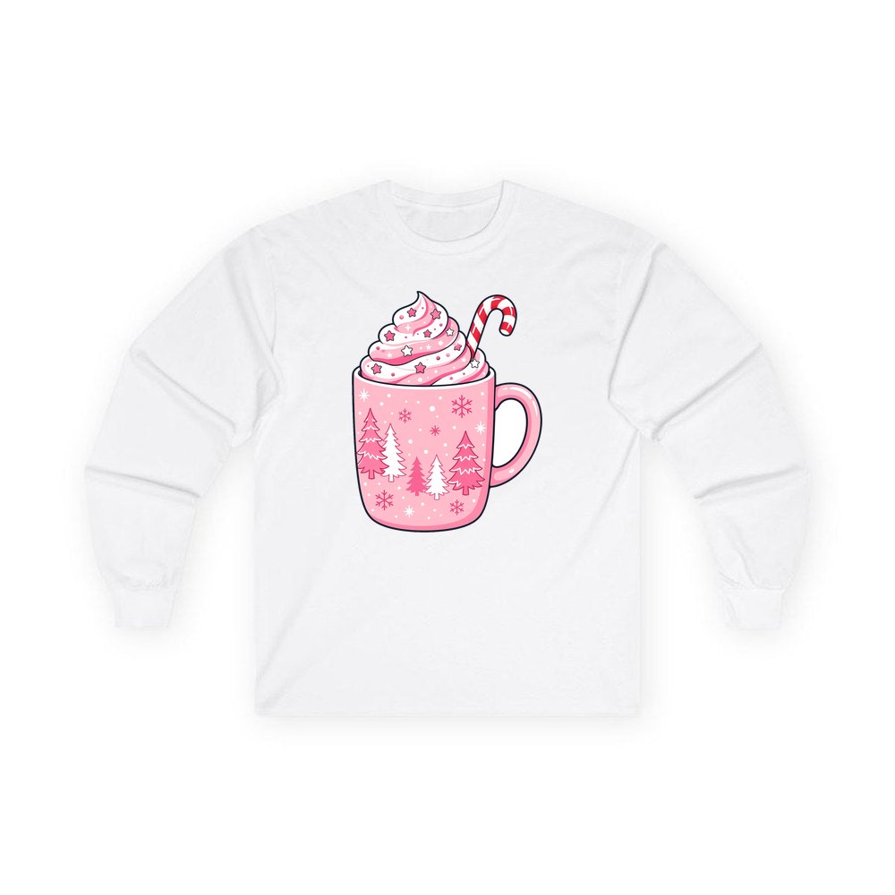 Pink Hot Chocolate Mug personalised long sleeve Christmas T-shirt in white