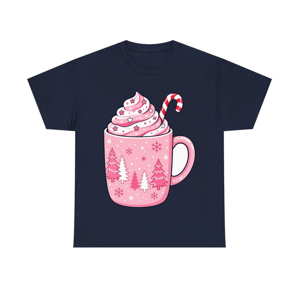 Pink Hot Chocolate Mug personalised Christmas T-shirt in navy