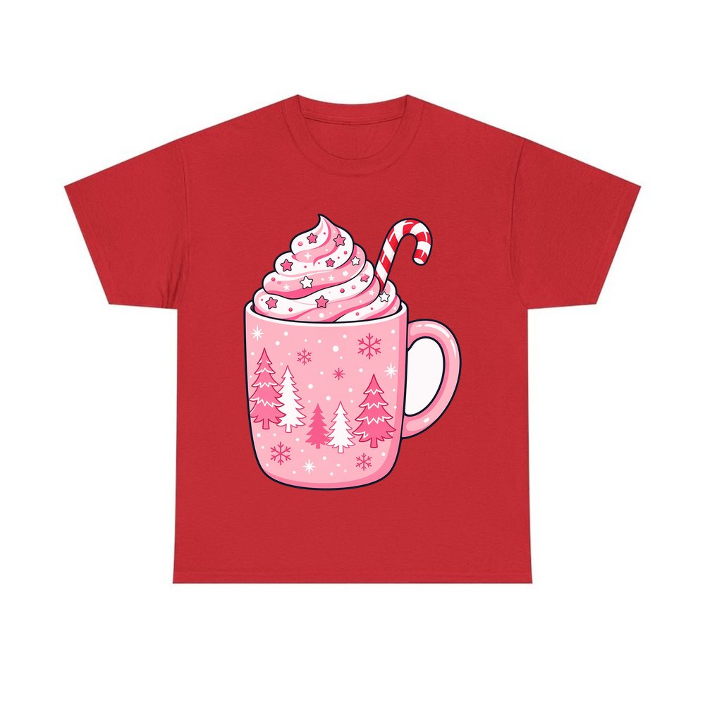 Pink Hot Chocolate Mug personalised Christmas T-shirt in red