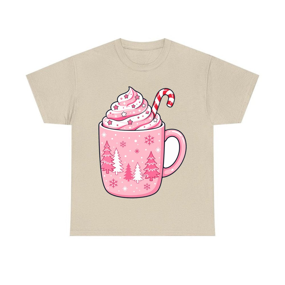 Pink Hot Chocolate Mug personalised Christmas T-shirt in sand
