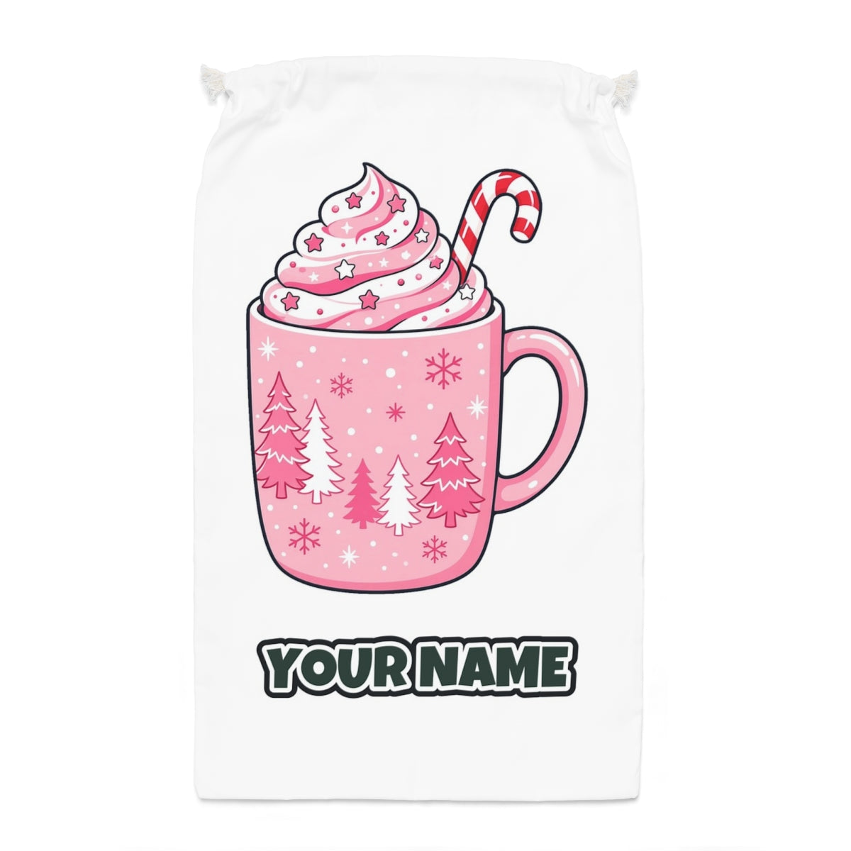 Pink Hot Chocolate Mug Santa sack laid flat, showing the full print