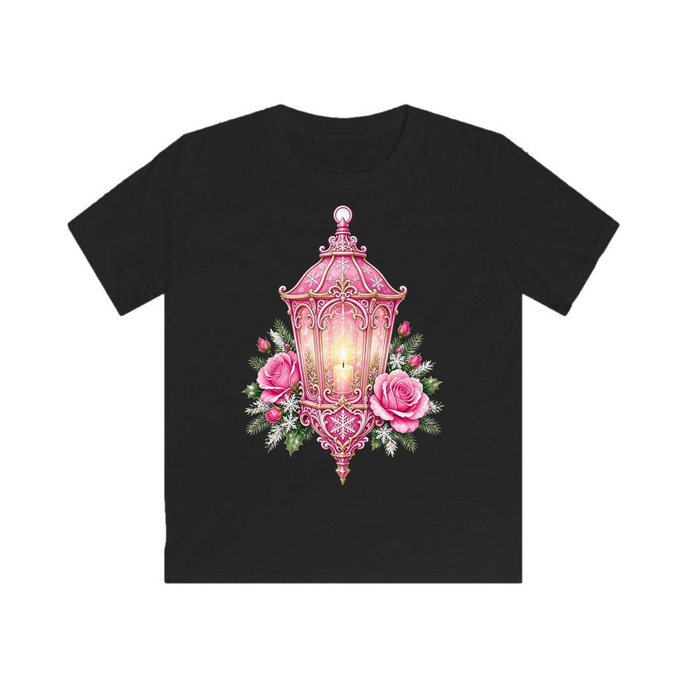 Pink Lantern With Roses personalised kids Christmas tee in black