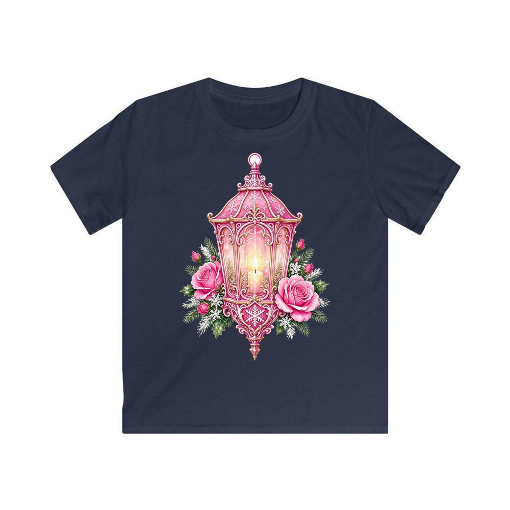 Pink Lantern With Roses personalised kids Christmas tee in navy