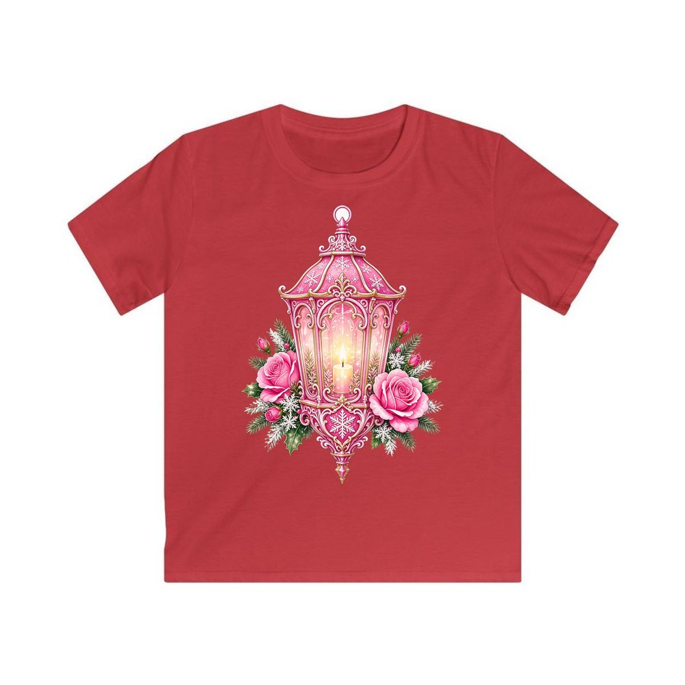 Pink Lantern With Roses personalised kids Christmas tee in red