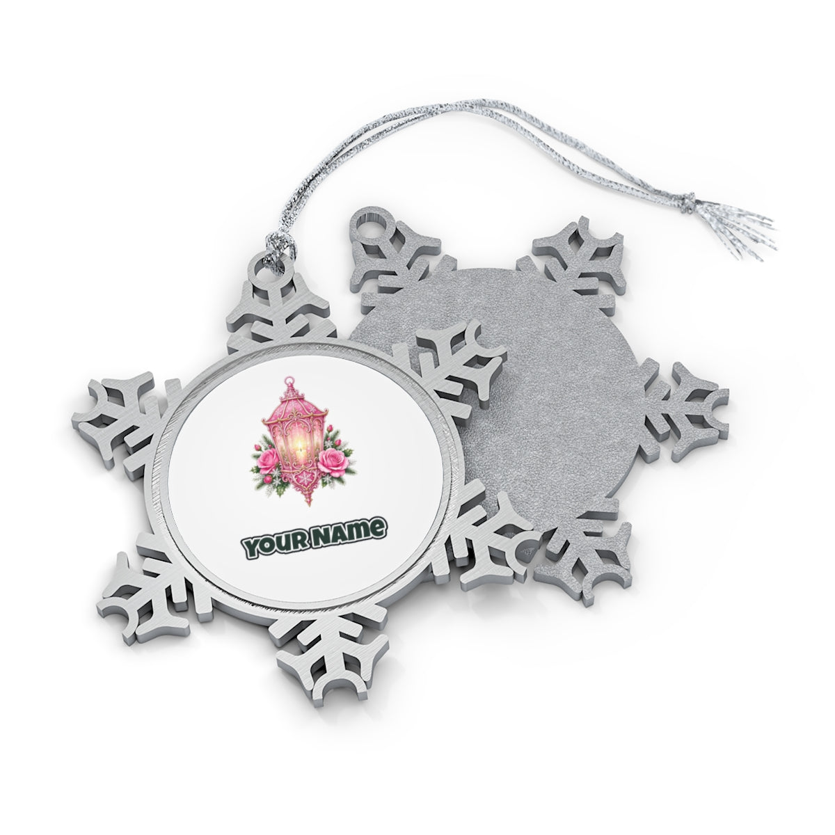 Pink Lantern With Roses Personalised Pewter Christmas Ornament