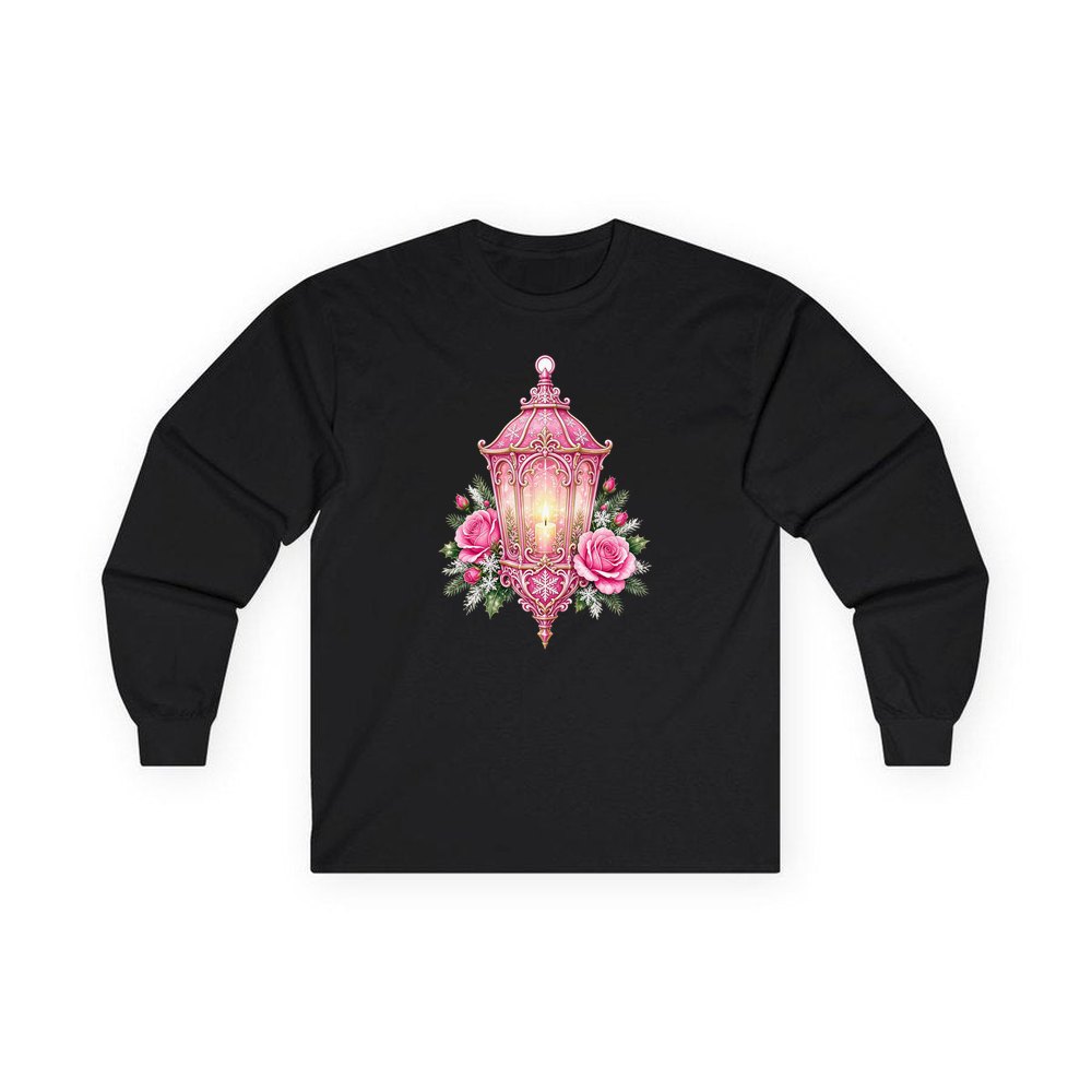 Pink Lantern With Roses personalised long sleeve Christmas T-shirt in black