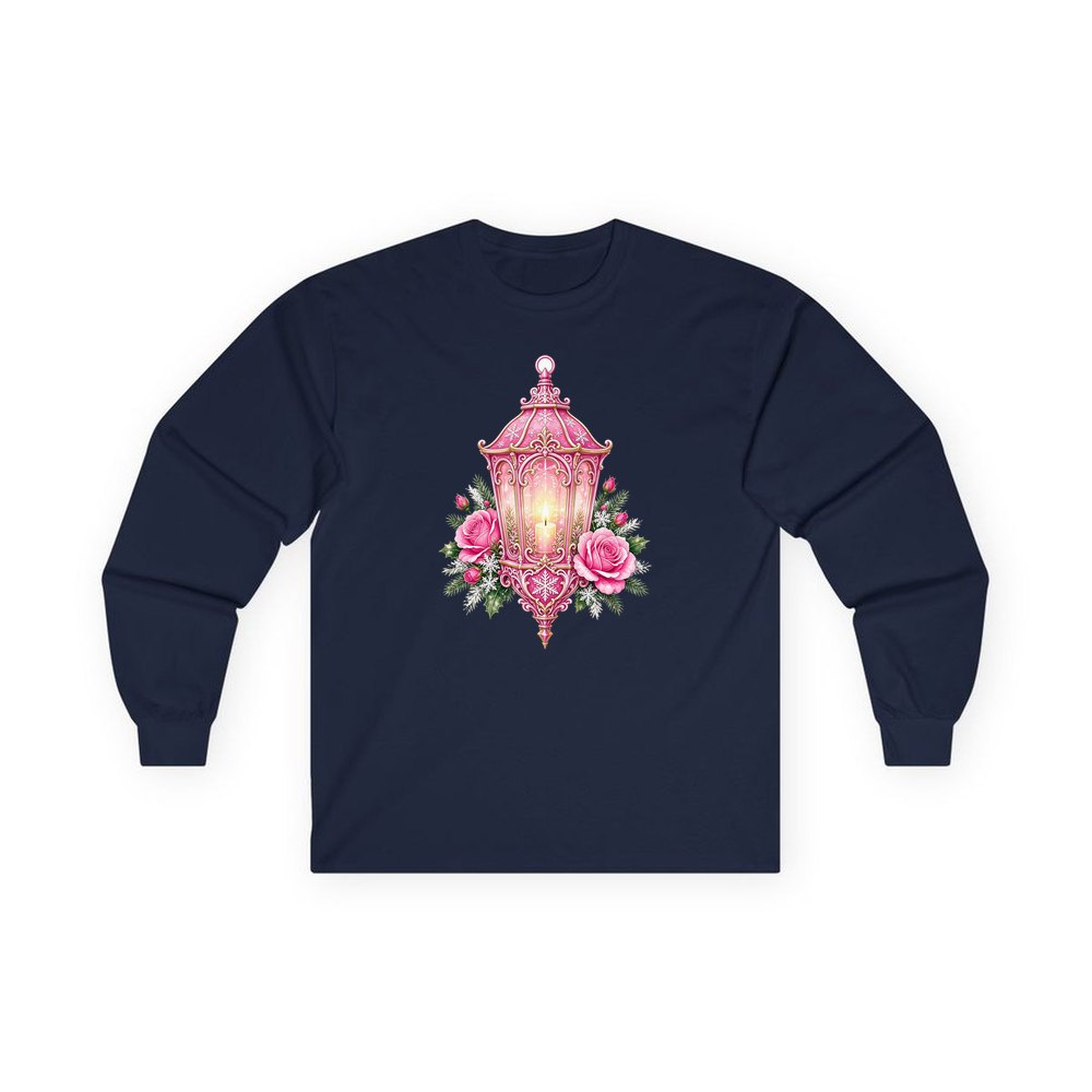 Pink Lantern With Roses personalised long sleeve Christmas T-shirt in navy