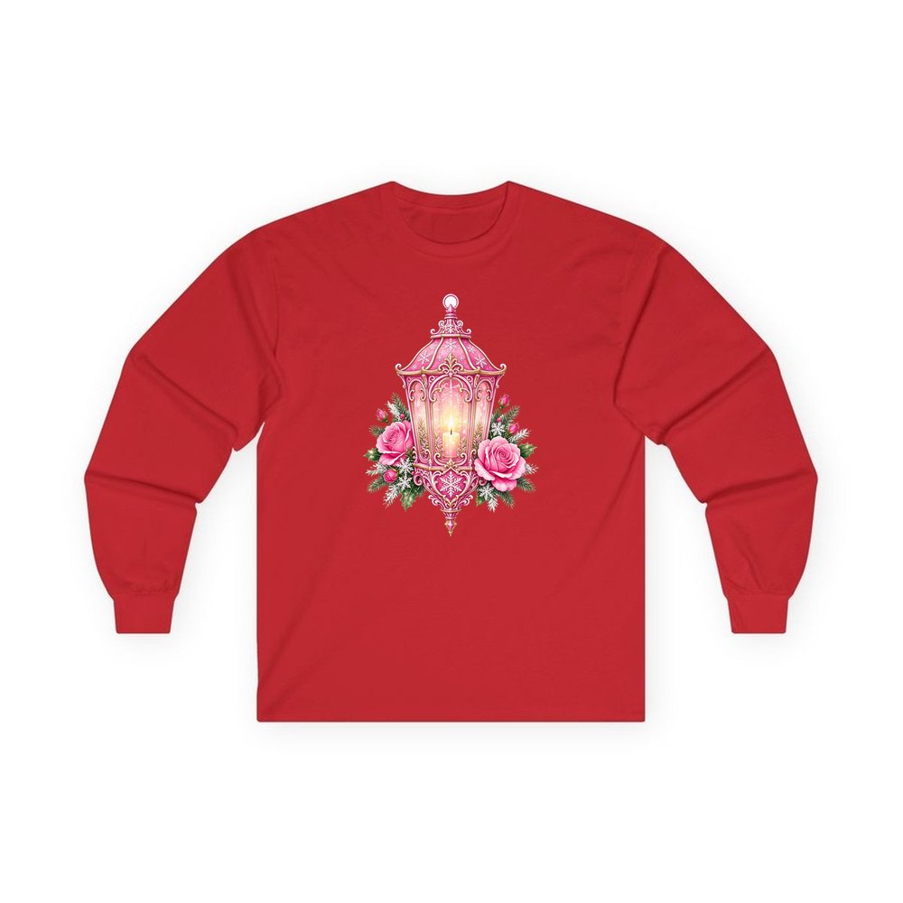 Pink Lantern With Roses personalised long sleeve Christmas T-shirt in red
