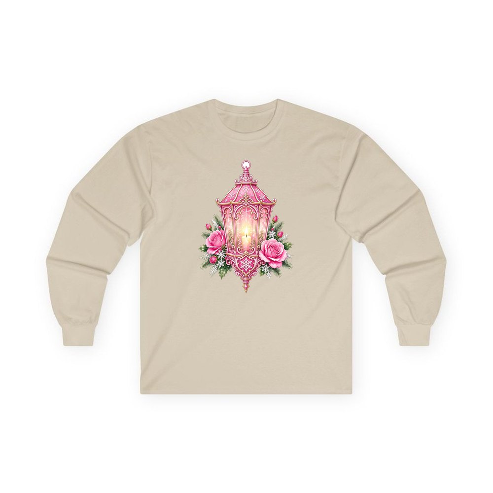 Pink Lantern With Roses personalised long sleeve Christmas T-shirt in sand