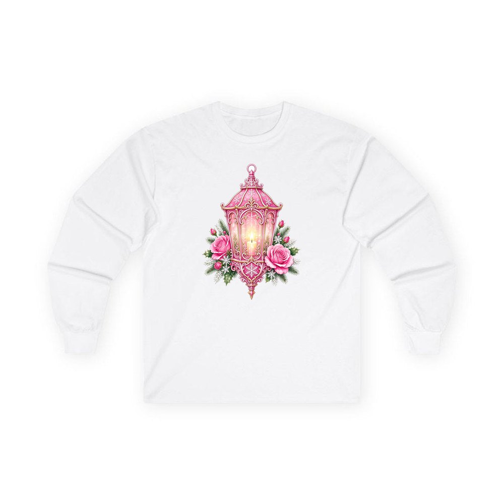 Pink Lantern With Roses personalised long sleeve Christmas T-shirt in white