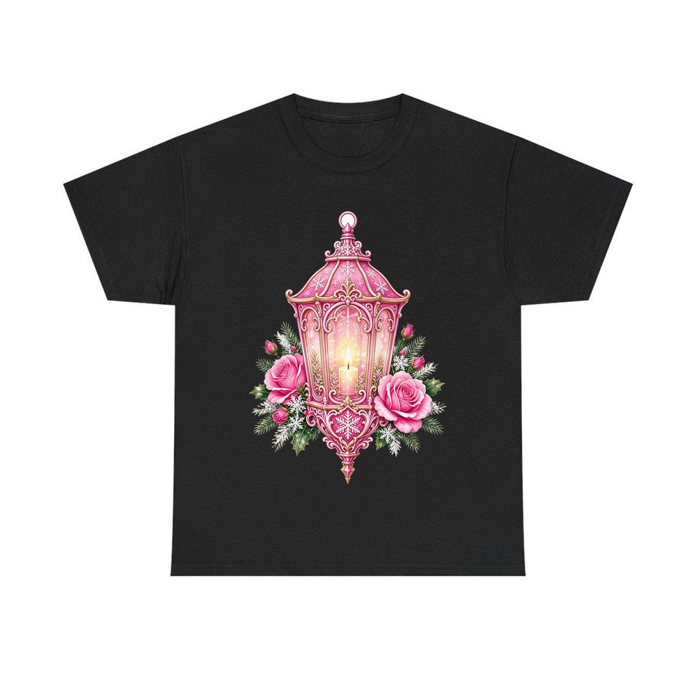 Pink Lantern With Roses personalised Christmas T-shirt in black
