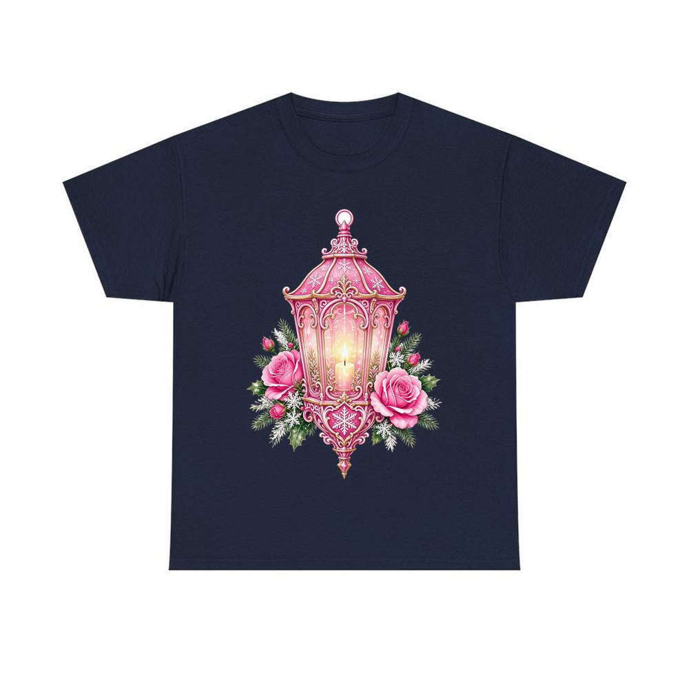 Pink Lantern With Roses personalised Christmas T-shirt in navy